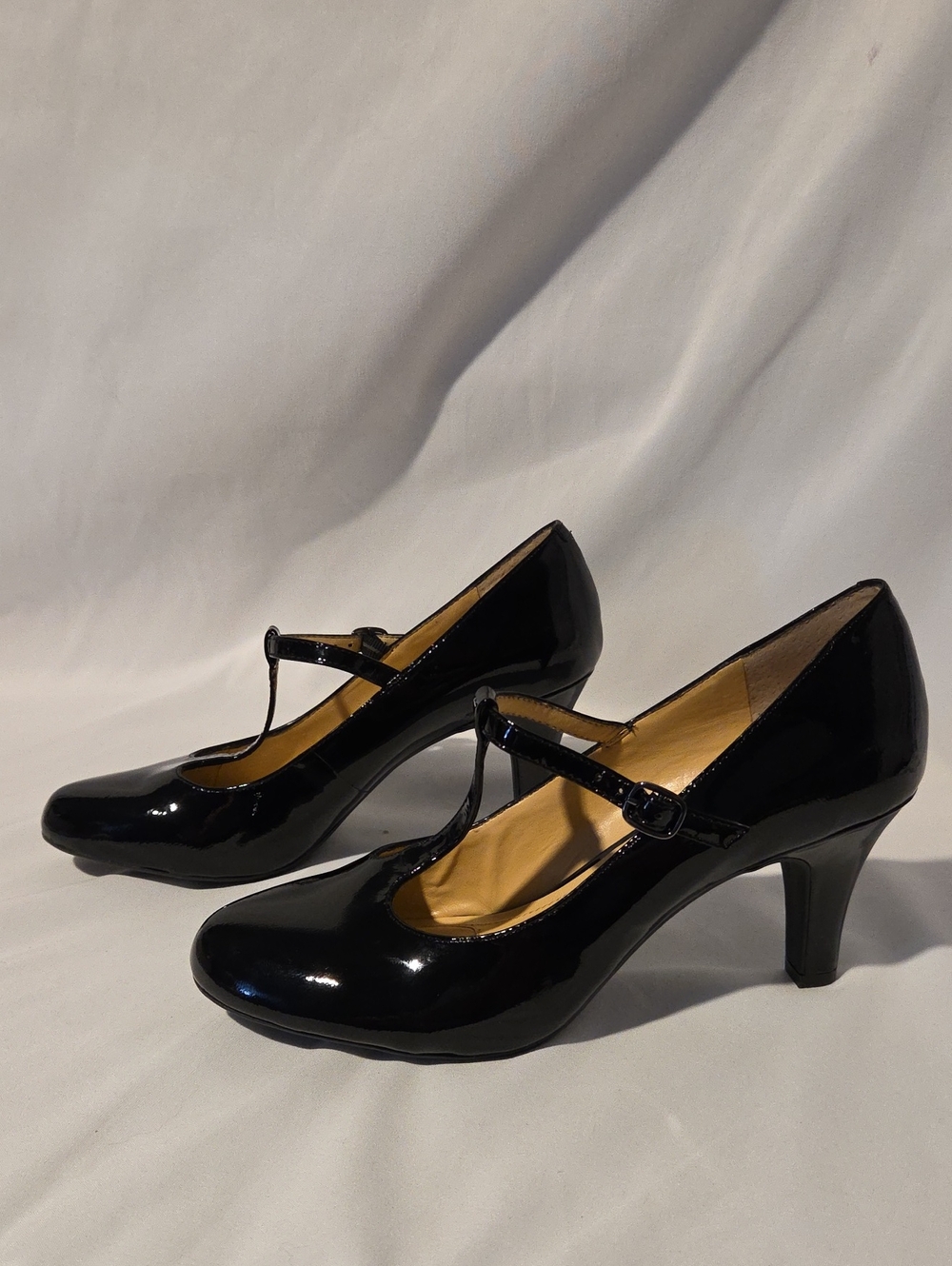 Alex Marie Black Patent T-Strap Mid Heels